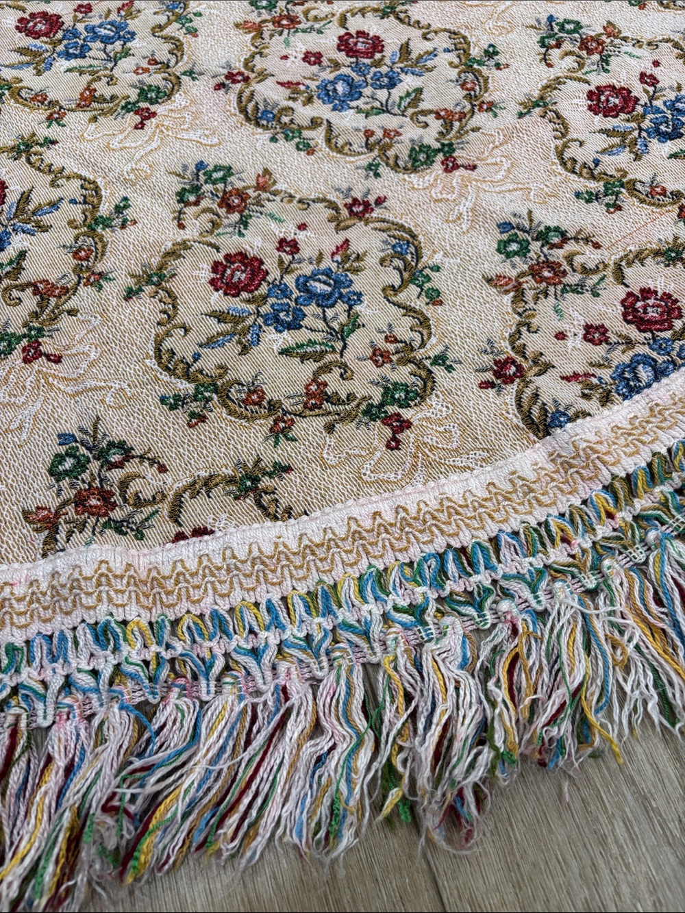 Italian Floral Medallion Round Fringe Bedspread -Blue & Red Accents